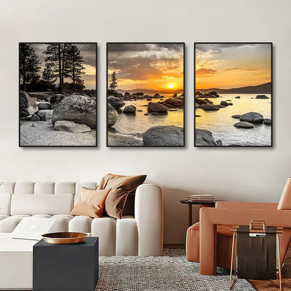 3PCS Frameless Canvas Paintings Sunset Sea Beach Natural Landscape Poster