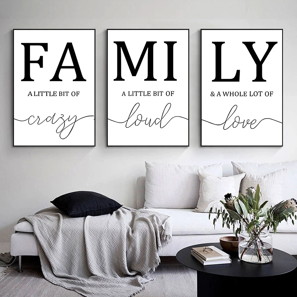 3PCS Frameless Simple Black White FAMILY Wall Canvas For Living Room Home Decor