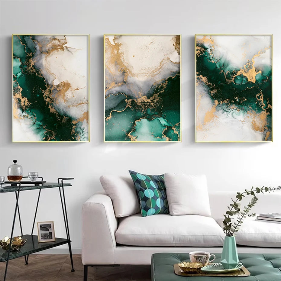 3PCS Nordic Green Gold Fashion Marble Posters Wall Art Aesthetic Canvas Painting