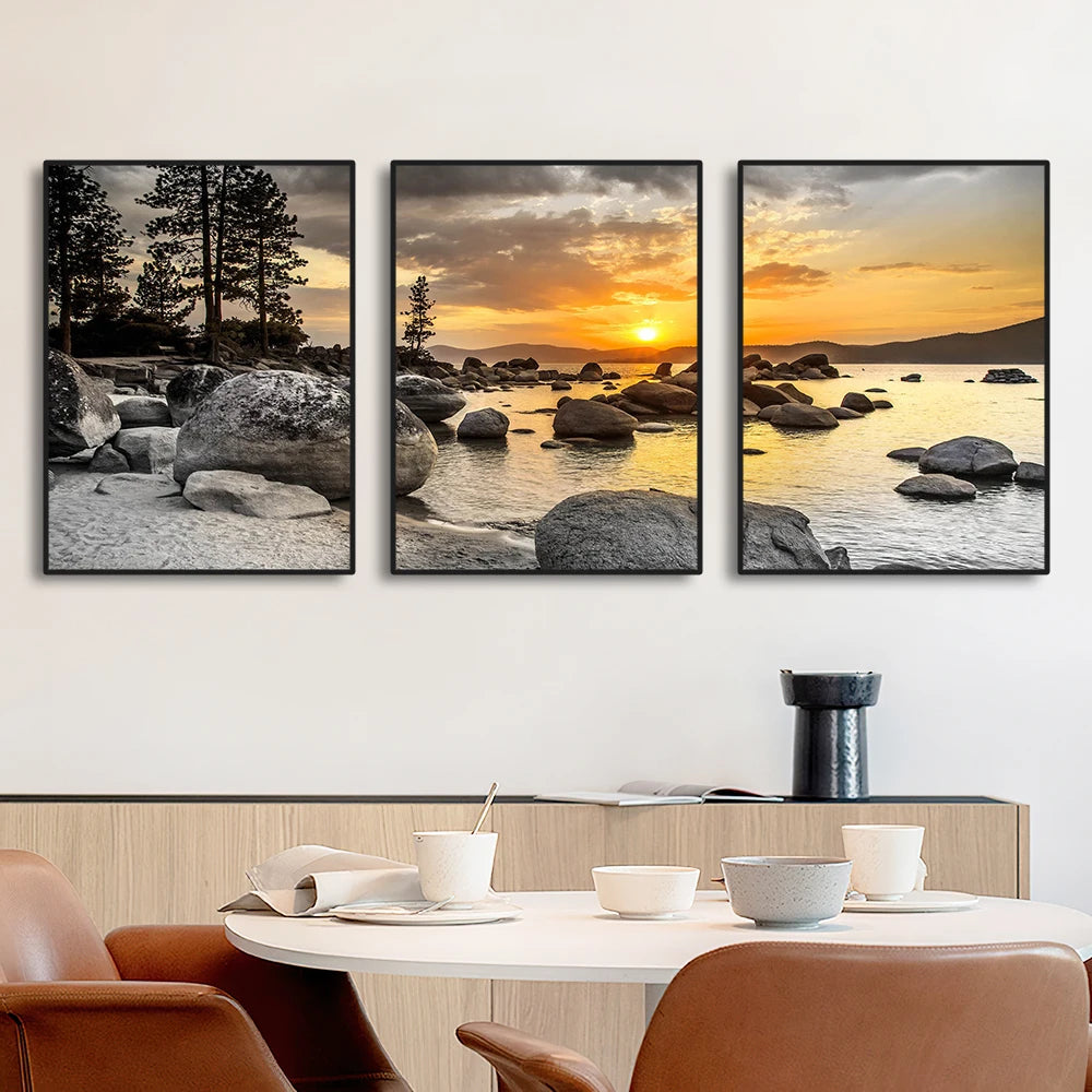 3PCS Frameless Canvas Paintings Sunset Sea Beach Natural Landscape Poster