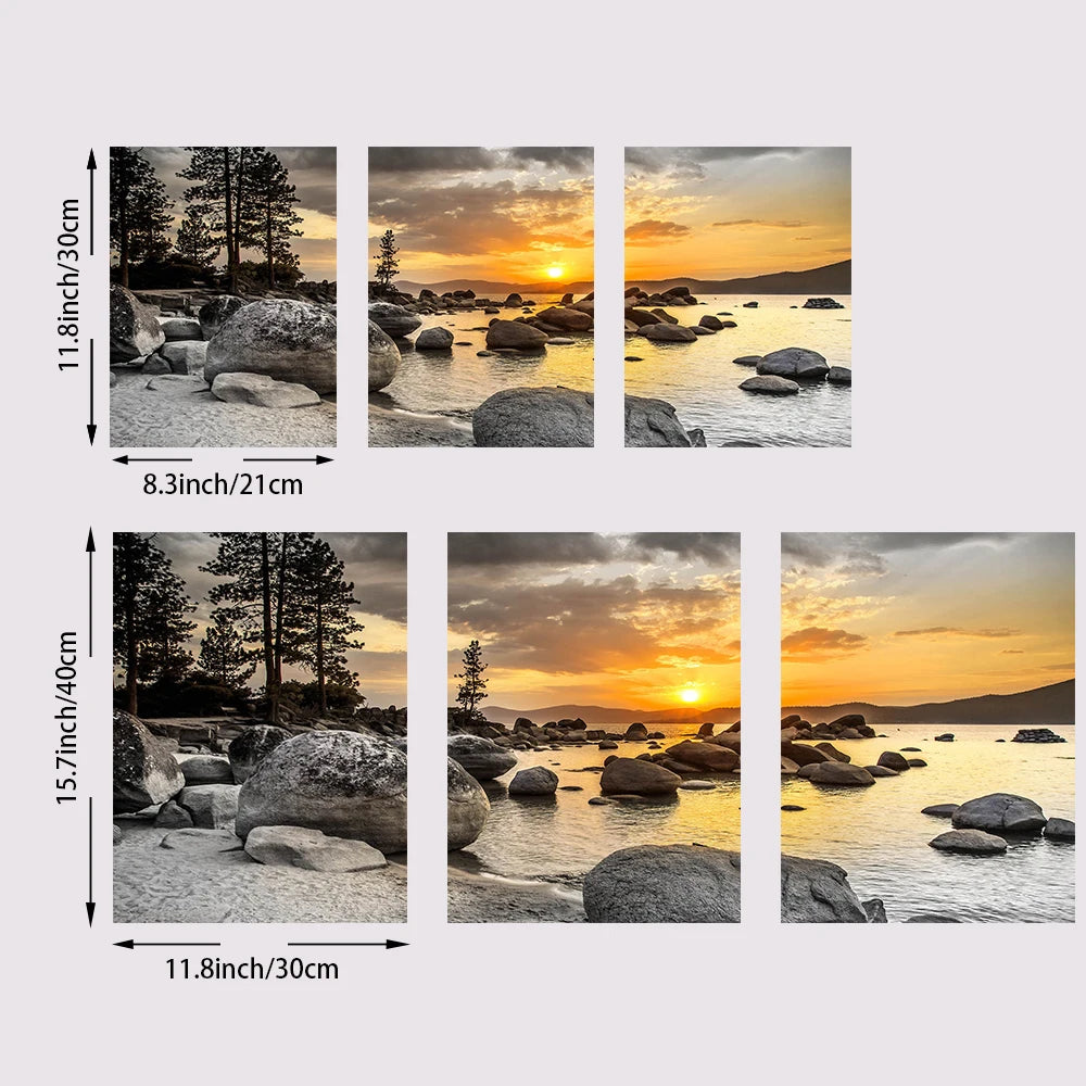 3PCS Frameless Canvas Paintings Sunset Sea Beach Natural Landscape Poster