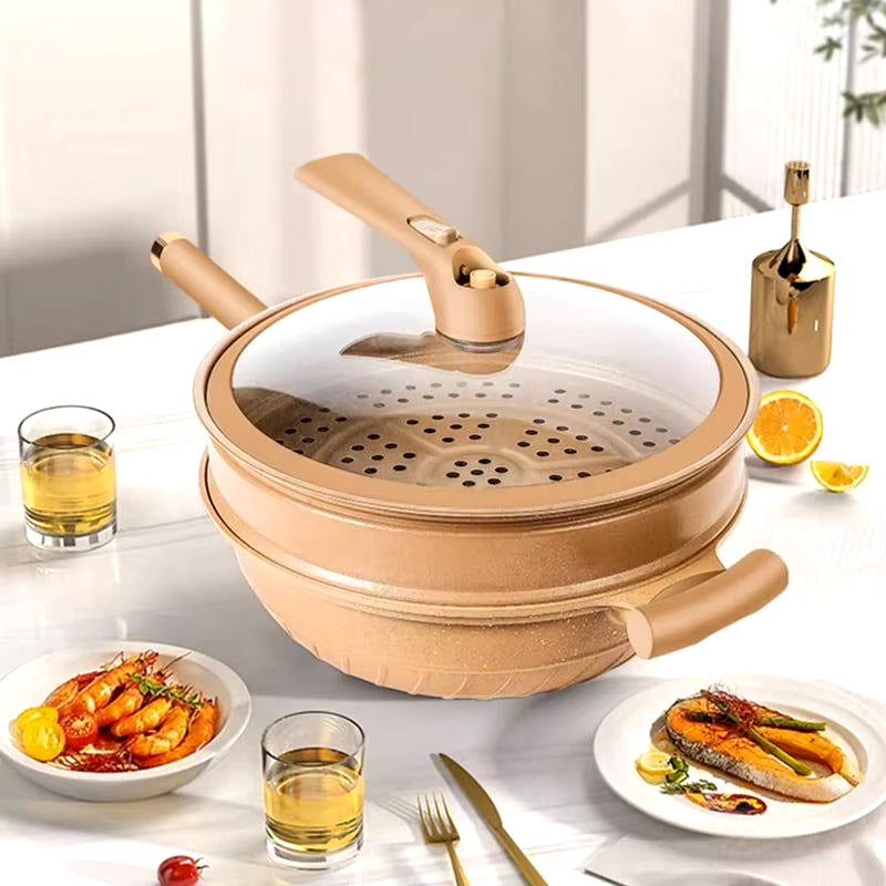 Non-Stick Clay Wok with Steamer Basket Clay Wok Micro-Pressure Wok Multifunctional Non-Stick Household Frying Pan Induction