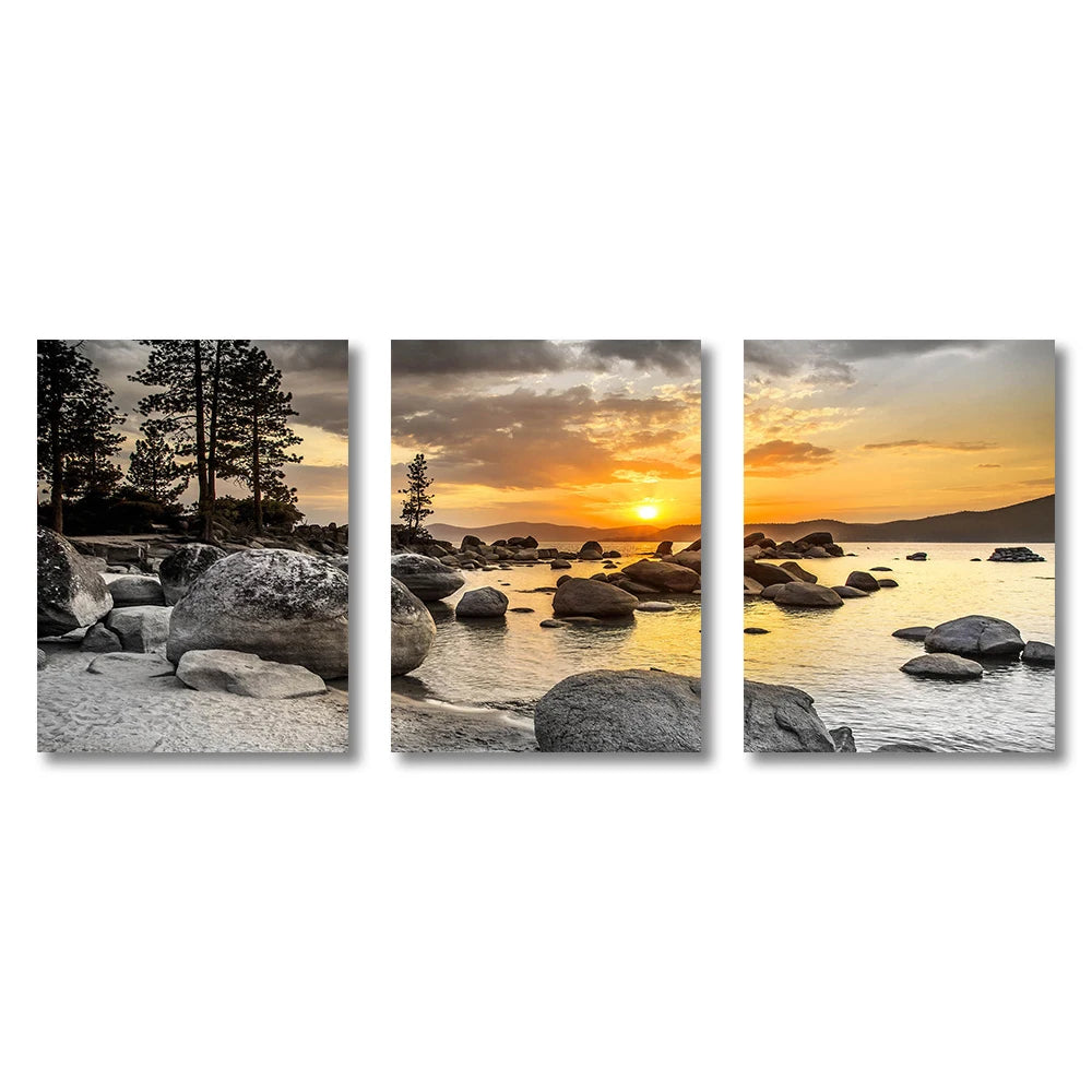 3PCS Frameless Canvas Paintings Sunset Sea Beach Natural Landscape Poster