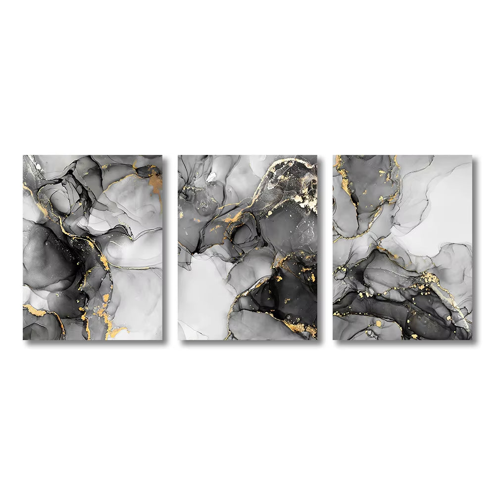 3PCS Frameless Abstract Black and White Gold Marble Art Canvas Painting