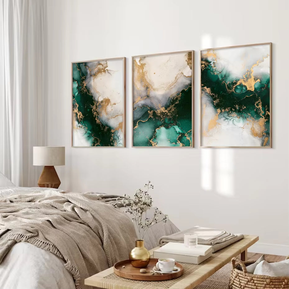 3PCS Nordic Green Gold Fashion Marble Posters Wall Art Aesthetic Canvas Painting