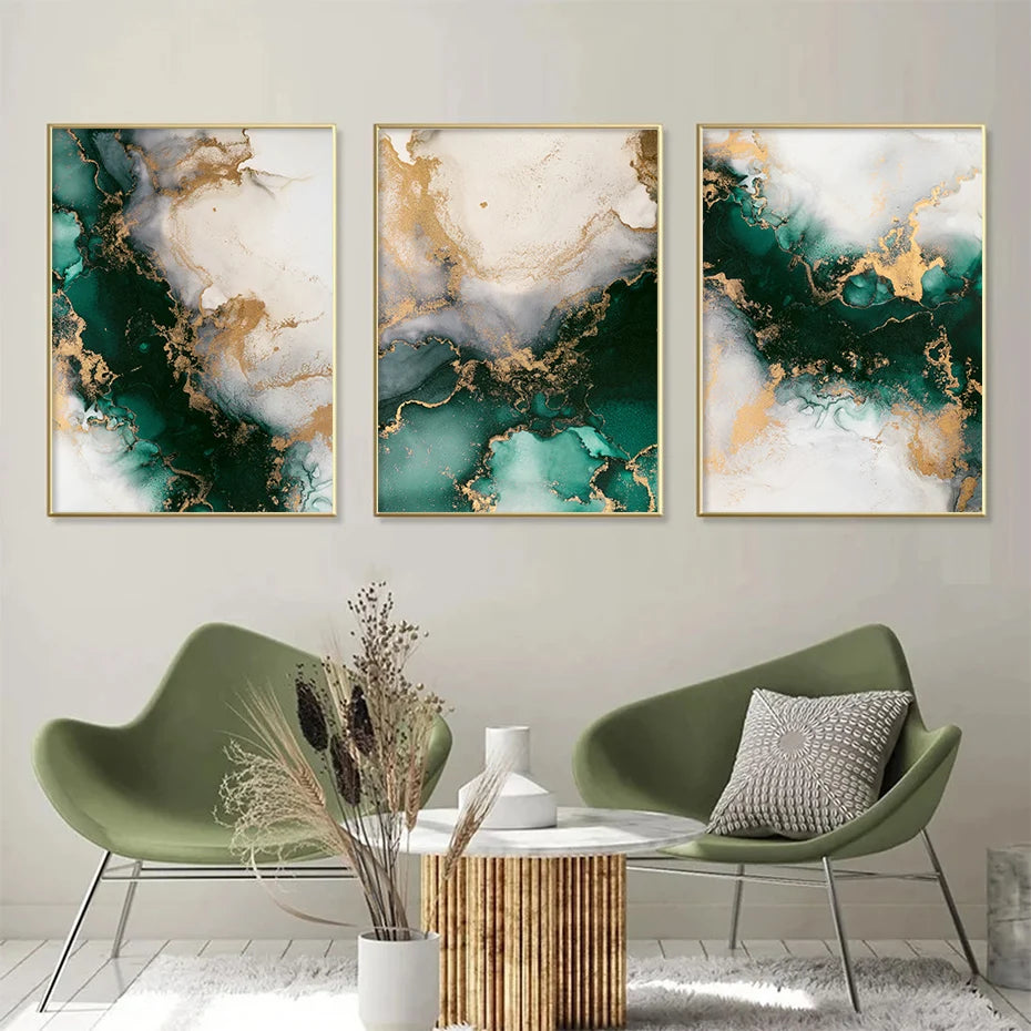 3PCS Nordic Green Gold Fashion Marble Posters Wall Art Aesthetic Canvas Painting