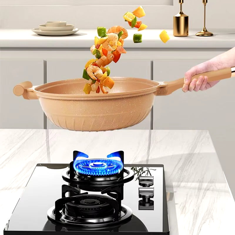 Non-Stick Clay Wok with Steamer Basket Clay Wok Micro-Pressure Wok Multifunctional Non-Stick Household Frying Pan Induction