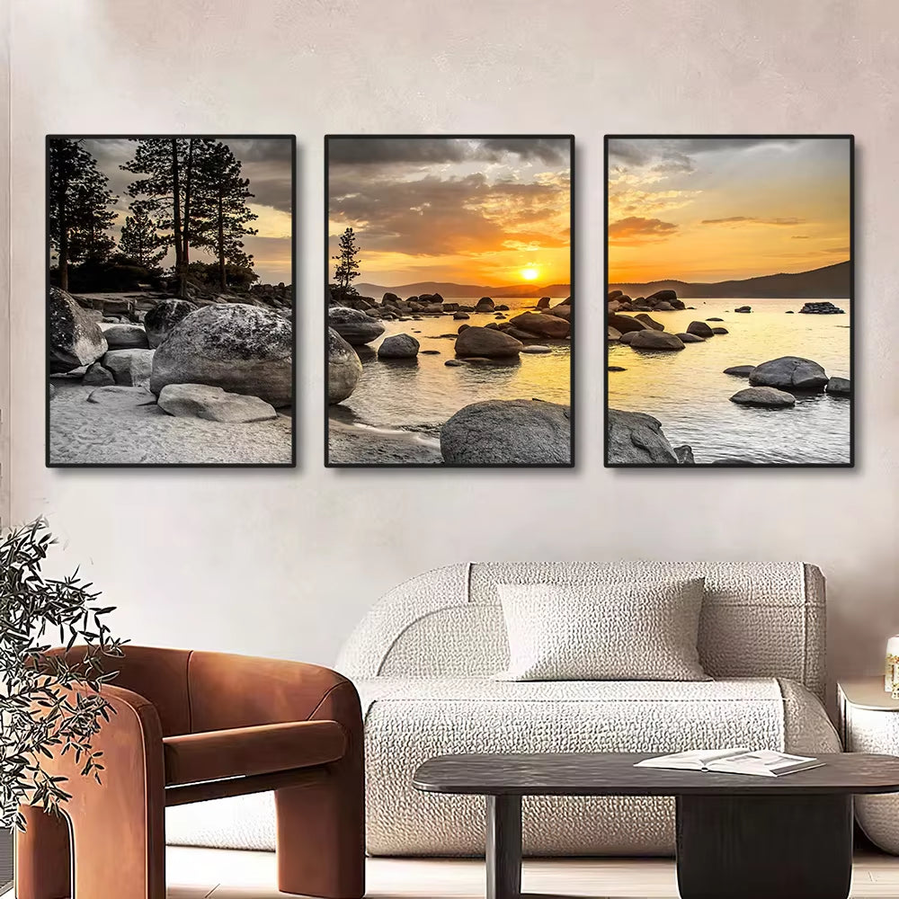 3PCS Frameless Canvas Paintings Sunset Sea Beach Natural Landscape Poster