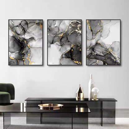 3PCS Frameless Abstract Black and White Gold Marble Art Canvas Painting