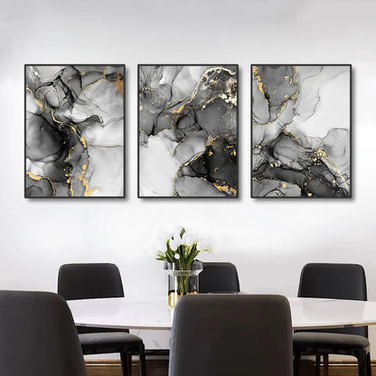 3PCS Frameless Abstract Black and White Gold Marble Art Canvas Painting