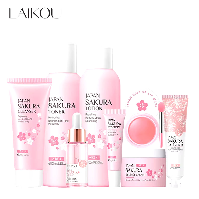 8Pcs Sakura Facial Skin Care Set Moisturizing Nourishing Serum Soothing Cream Repairing Lip Balm Hand Cream Beauty Makeup