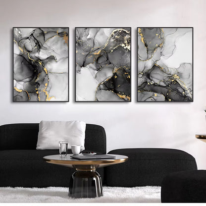 3PCS Frameless Abstract Black and White Gold Marble Art Canvas Painting