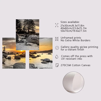 3PCS Frameless Canvas Paintings Sunset Sea Beach Natural Landscape Poster