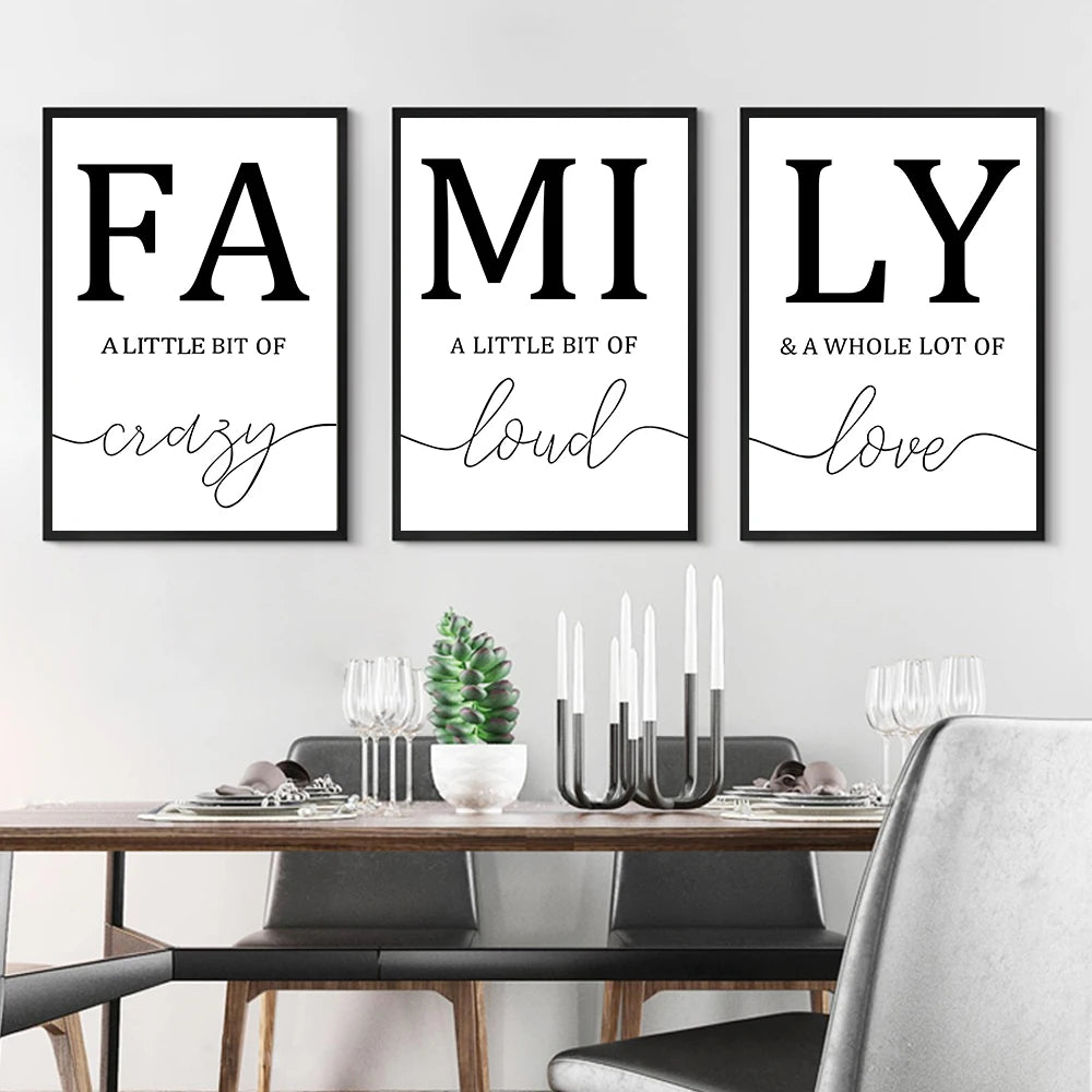 3PCS Frameless Simple Black White FAMILY Wall Canvas For Living Room Home Decor